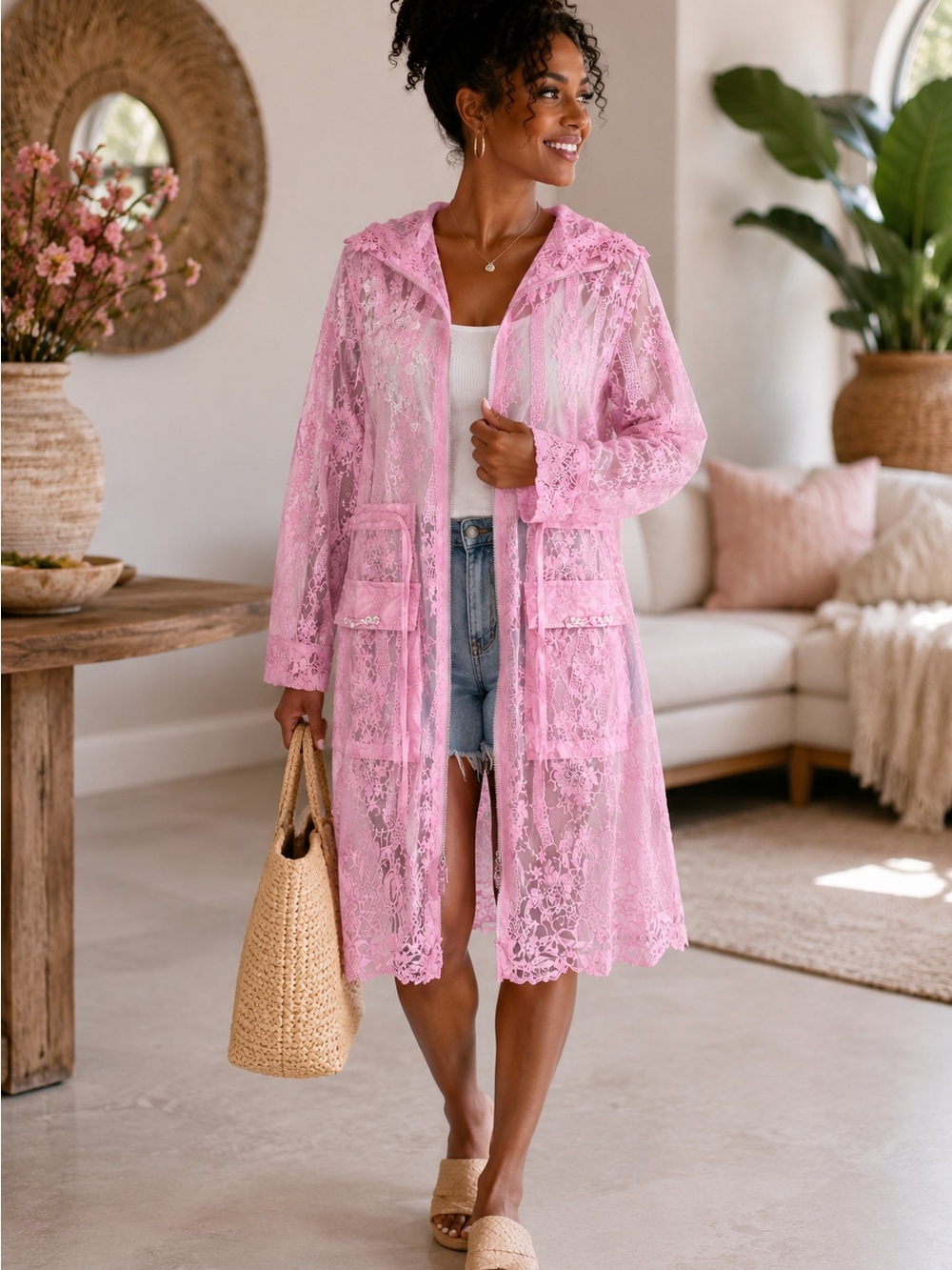 Pink Lace Hooded Duster Coat - Women